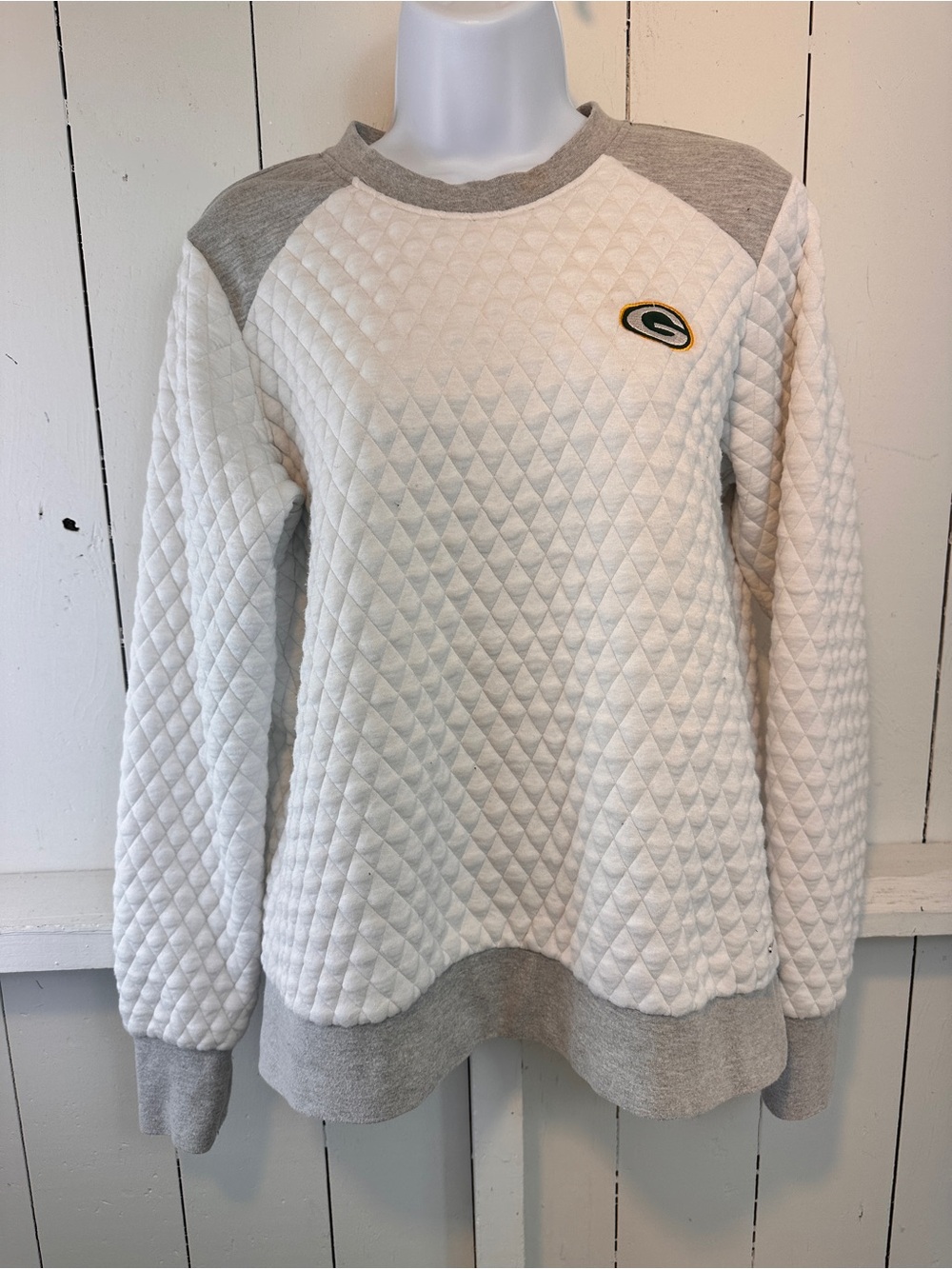 Green Bay Packers NFL Michael Strahan Quilted Sweatshirt Womens Small Gray White - Picture 3 of 10